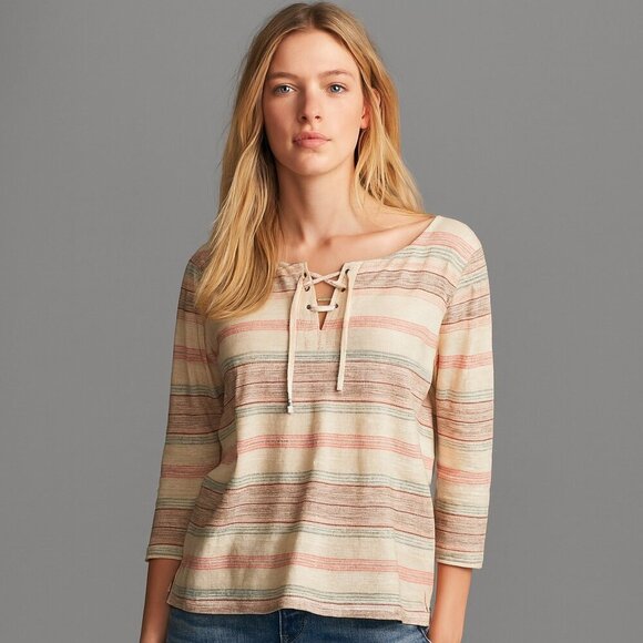 Vintage LRL Jeans Striped Lace-Up Top S Beige Pink Earthy Classic Preppy Boho - Picture 1 of 6